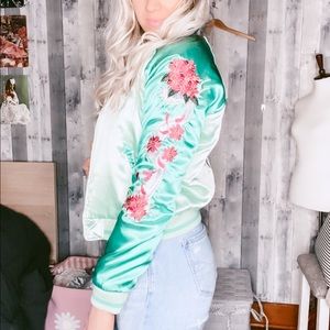 Oriental embroidered turquoise bomber jacket large